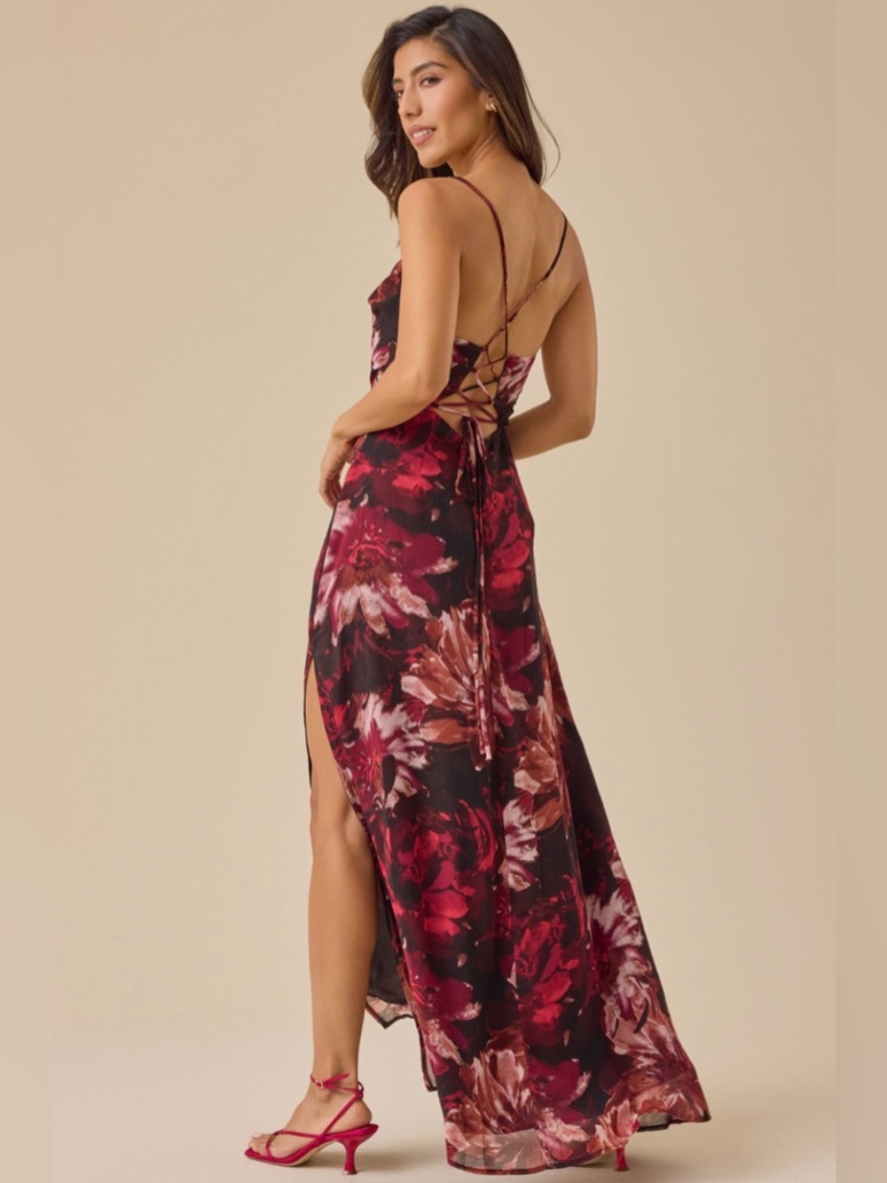 Altar'd State Burgundy Floral Lace-Back Maxi Dress